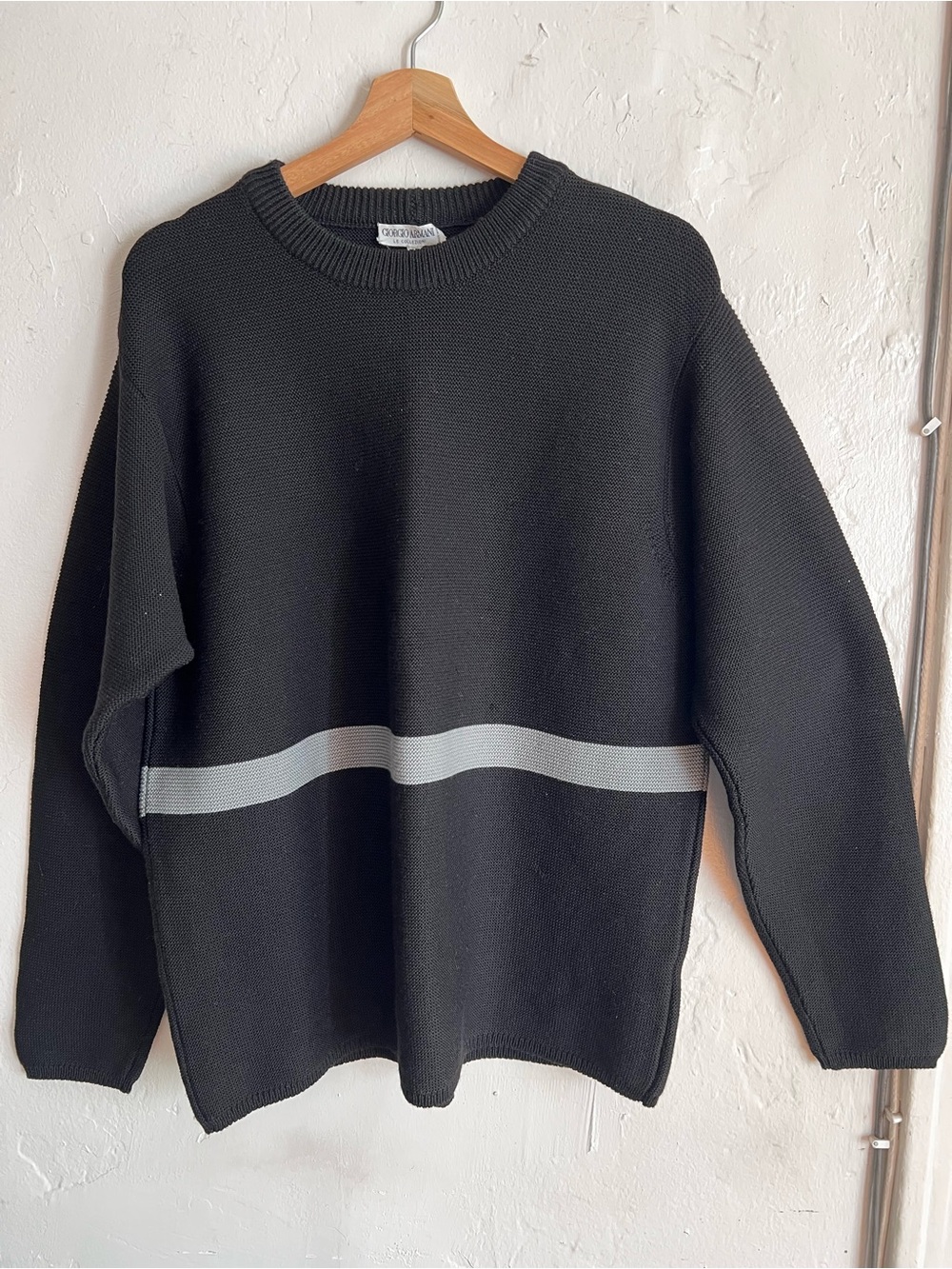 Giorgio Armani Le Collezioni Black Crewneck Sweater with Gray Stripe